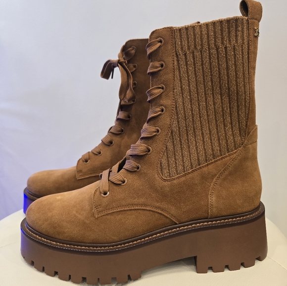 Sam Edelman EVINA Cognac Leather Brown Zip Lace Hiking Boots NEW 9 1/2 Shoes HOT - Picture 3 of 6